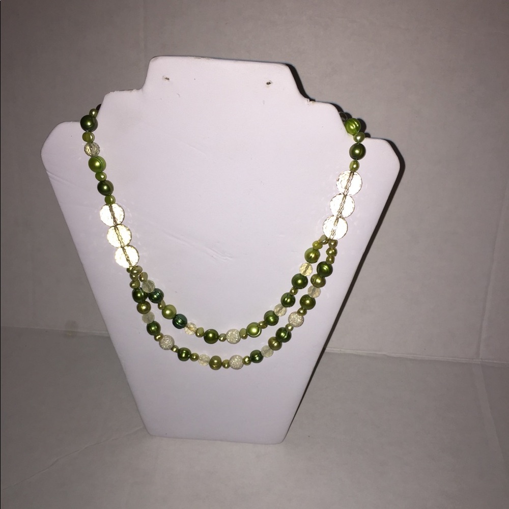 Authentic green pearl double stand necklace